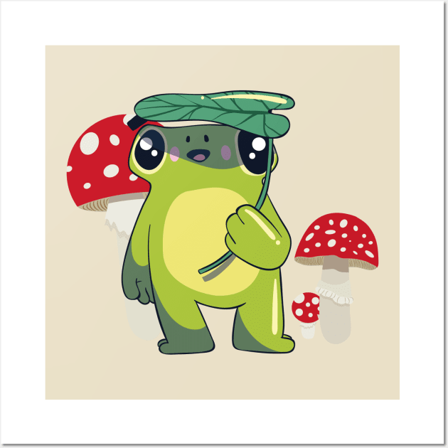 Cute Frog with Leaf Umbrella and Mushrooms Cottagecore Wall Art by uncommontee